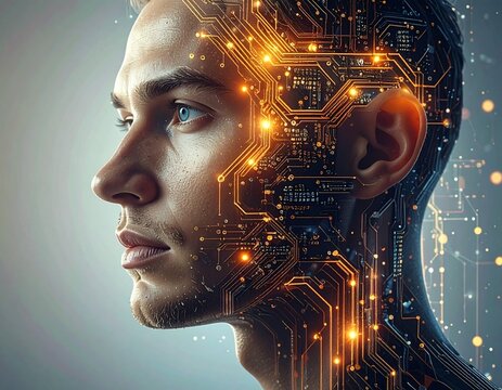 A man's profile is overlaid with a glowing circuit board pattern, representing artificial intelligence and technological advancement.