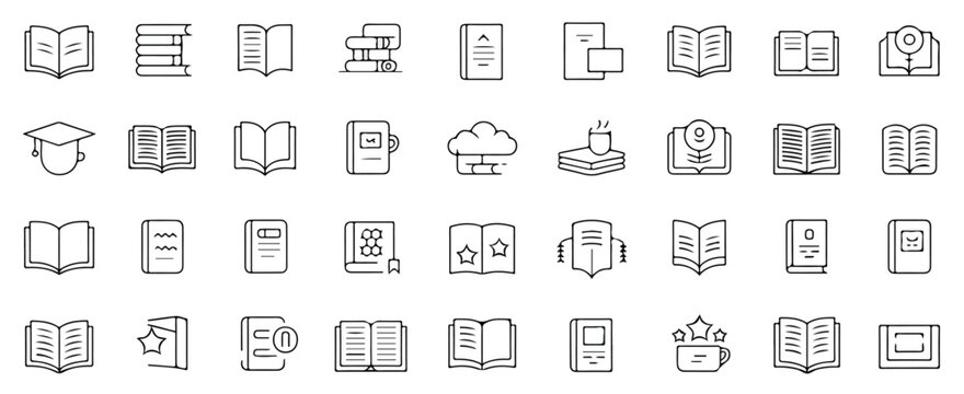 A modern line art icon collection of various books and journals. The vector graphics feature adjustable stroke widths, allowing for complete customization and scalable, high-quality illustrations.