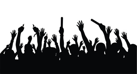Enthusiastic crowd with raised hands celebrating at a concert or event