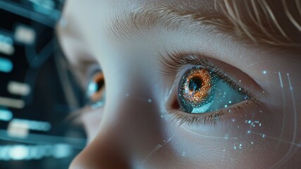 Close-up of a young student's eye reflecting holographic learning tools, dynamic digital projections surrounding, soft focus on a futuristic classroom.