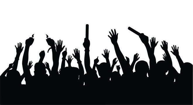 Enthusiastic crowd with raised hands celebrating at a concert or event - Powered by Adobe