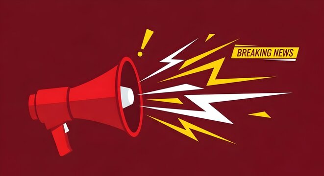 Breaking news announcement banner with a red megaphone isolated on a red background