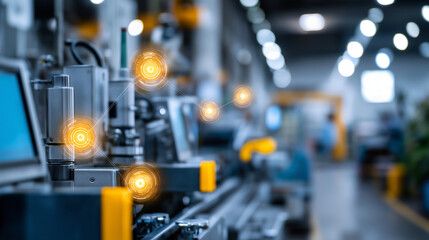 Fototapeta premium A digital manufacturing platform glows with GMP compliance visuals glowing seals and structured workflows radiating in harmony. Atmosphere of order safety and quality assurance