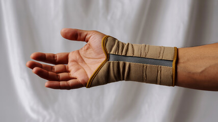 Person wearing a beige and grey wrist brace for support and comfort hand
