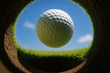 Golf ball hovering above hole viewed from inside cup - unique worms eye perspective for golf course marketing tournament advertising and sports equipment promotional campaigns