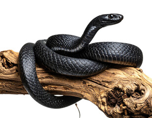 Fototapeta premium Black Mamba Snake Coiled Around Branch, Angled Wildlife Composition, Transparent Background