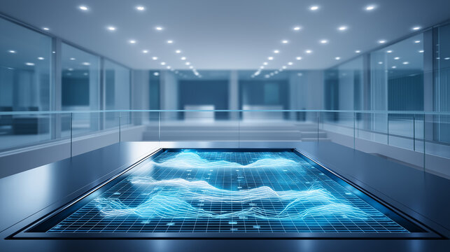 Inside a high tech data chamber a luminous platform projects AI driven analytics in glowing 3D layers. Market trends ripple outward like waves of light robotic assistants