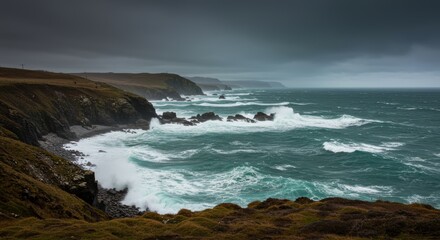 Obraz premium Dramatic coastline with crashing waves under a stormy sky