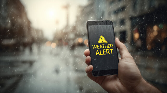 Hand holding phone showing weather alert in rainy city.