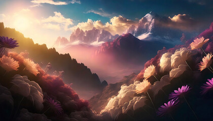 Dreamlike fantasy mountain scene with colorful flowers, dramatic peaks, surreal artistic landscape, imaginative dreamlike nature