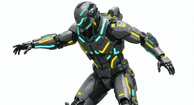 Powerful cybernetic warrior in a high-tech exoskeleton suit with glowing lights, depicted in a dynamic pose for futuristic combat - Powered by Adobe