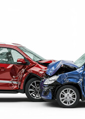 Damaged Vehicles After Collision: Red SUV and Blue Car