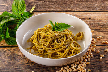 Italian green pasta with pesto sauce