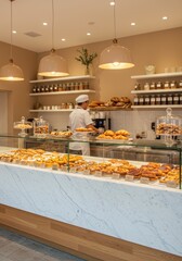 Bakery Display with Pastries and a Baker