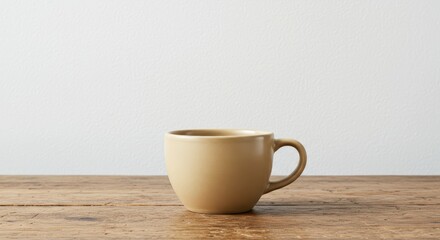 Rustic ceramic mug sits on a wooden table.