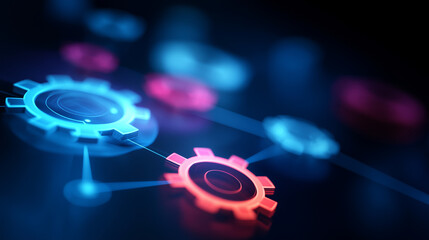 A holographic PMI interface pulses with gear icons and glowing performance metrics pathways connecting indicators in radiant order. Atmosphere of precision discipline and