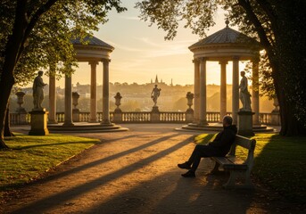 Man Resting on Bench in Classical at Sunset