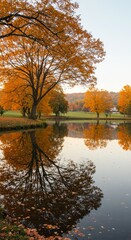Autumn Trees Reflected in Calm Pond