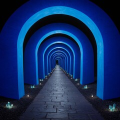 Illuminated blue arched pathway leads into darkness.