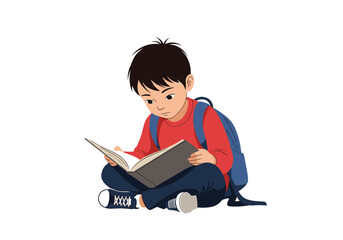 Young boy sitting cross legged reading a book wearing backpack