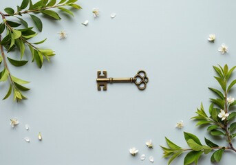 Vintage key surrounded by blossoming branches on a pastel background.