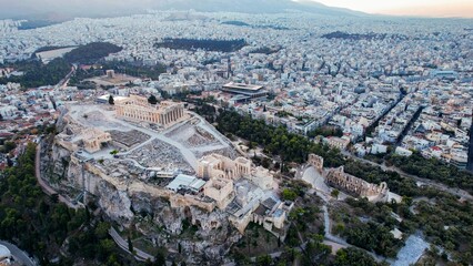 Aerial view around the capitol city Athens and the acropolis in Greece on an early sunny morning in...