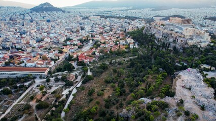 Aerial view around the capitol city Athens in Greece on an early sunny morning in fall.