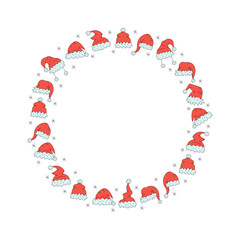 Frame round, Santa hats. Collection hand drawn Santa Claus hats. Drawings, doodles, funny red Christmas caps. Banner, place for text, sketch, cartoon icons. Clothes, accessories for holiday parties.