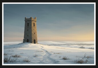 Stone tower stands prominently in a snowy winter landscape.