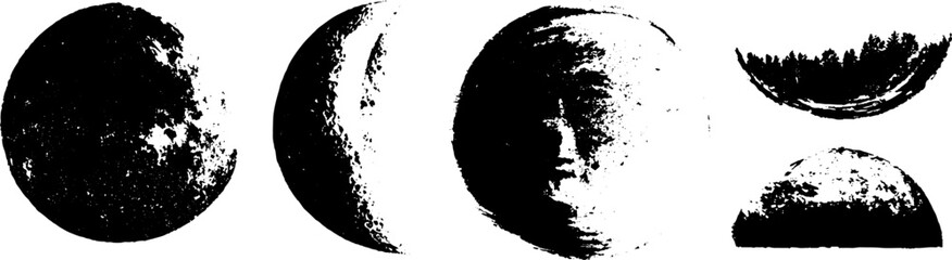 Grunge black and white crescent moon phases for creative design