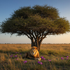 Majestic Lion Rests Beneath Acacia Tree in Golden Savannah