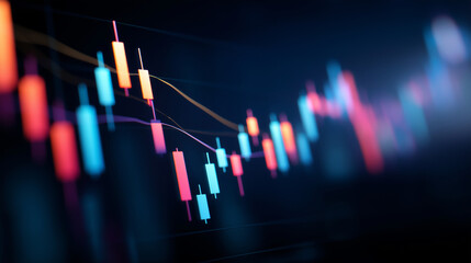 A luminous digital dashboard glows with shifting market trend lines candlestick patterns and neon colored data flows updating in real time. The atmosphere radiates focus clarity