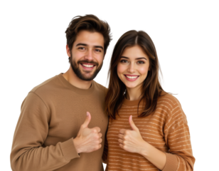 Smiling Young Couple Showing Thumbs Up in Cozy Sweaters