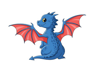 Fototapeta premium A adorable blue dragon with red wings spreads its wings in a happy pose