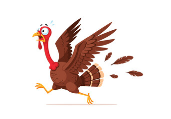 Funny cartoon turkey running fast away from danger for thanksgiving dinner preparation