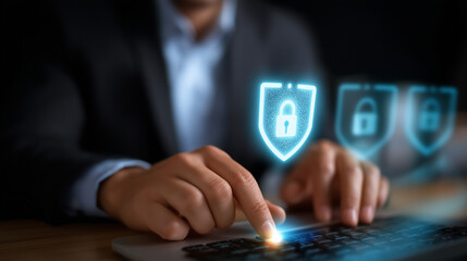 Naklejka premium A holographic cybersecurity dashboard glows with shield and lock icons data grids flashing behind as a businessman activates protective barriers with a touch. The scene conveys