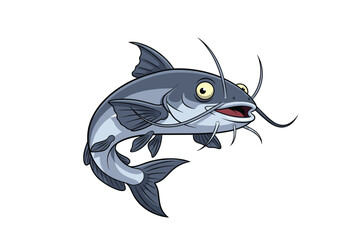 Fototapeta premium Cartoon catfish fish with wide open mouth and whiskers swimming underwater