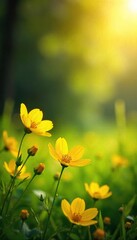 Obraz premium Enchanted fairy-like yellow flowers gently sway in a sunlit meadow, delicate petals catching the golden light Perfect for whimsical, magical, and fairytale themes , golden, soft