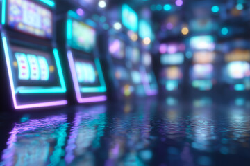 Futuristic casino interior with glowing slot machines in neon blue and purple lights reflected on glossy floor, modern gambling hall background for entertainment design