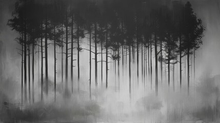 Fototapeta premium A monochrome image of tall trees in a forest with fog and mist obscuring the lower half