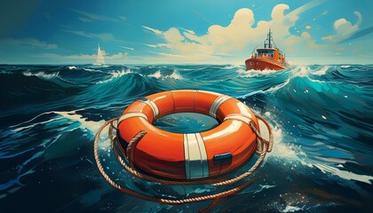 an orange lifebuoy floats on rough ocean waves emphasizing safety and rescue at sea with a rescue boat in the distance under a clear blue sky