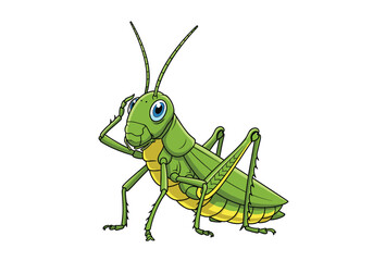 An animated illustration of a green grasshopper standing on its legs and looking curiously