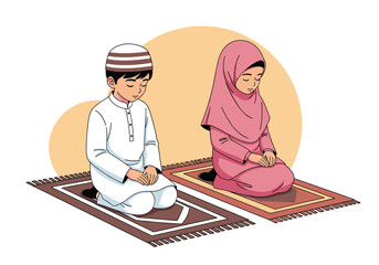 Two muslim children praying on prayer rugs in a peaceful atmosphere
