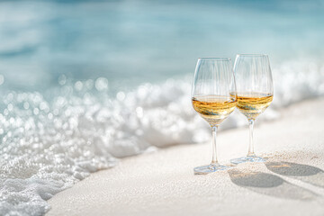 Two elegant wine glasses sit on sandy beach shore, with gentle waves lapping at the edges, creating a serene and inviting atmosphere.