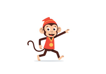 Happy cartoon monkey wearing a red hat and a gold medal running with joy