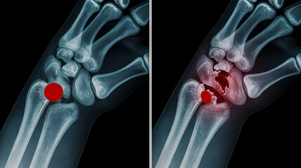 X-ray Images of a Wrist Showing a Healthy Bone and a Fractured Bone with Red Highlights image