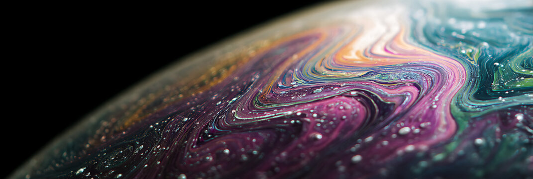 Abstract macro photography of a colorful soap bubble surface resembling a gas giant planet. Swirling purple and orange iridescent fluids create a cosmic atmosphere on a black background.

