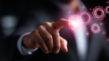 A glowing automation dashboard pulses with workflow pathways gears rotating as digital tools link together seamlessly. A businessman presses a button setting the luminous flows