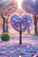 Magical Heart Shaped Tree with Blossoms and Butterflies in Fantasy Garden