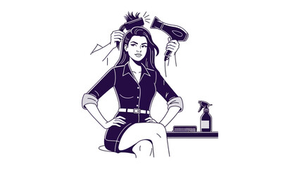 Stylish woman with long dark hair sitting confidently with hands on hips while a hairdresser styles her hair with scissors and a hairdryer